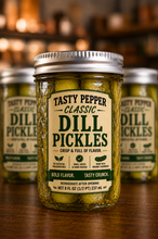 Load image into Gallery viewer, Tasty Pepper Classic Dill Pickles jar and label