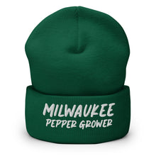 Load image into Gallery viewer, Green beanie with 'Milwaukee Pepper Grower' text on a white background