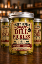 Load image into Gallery viewer, Tasty Pepper Ghost Dill Pickles with ghost pepper heat