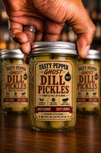 Load image into Gallery viewer, Tasty Pepper Ghost Dill Pickles jar and label