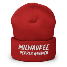 Load image into Gallery viewer, Red beanie with 'Milwaukee Pepper Grower' text on a white background