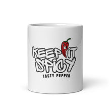 Load image into Gallery viewer, White mug with a red pepper graphic and text 'Keep It Spicy Tasty Pepper' on a white background